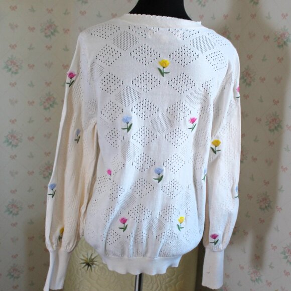 Loft Winter White Cotton Sweater with Embroidered Flowers, Large - Picture 3 of 10